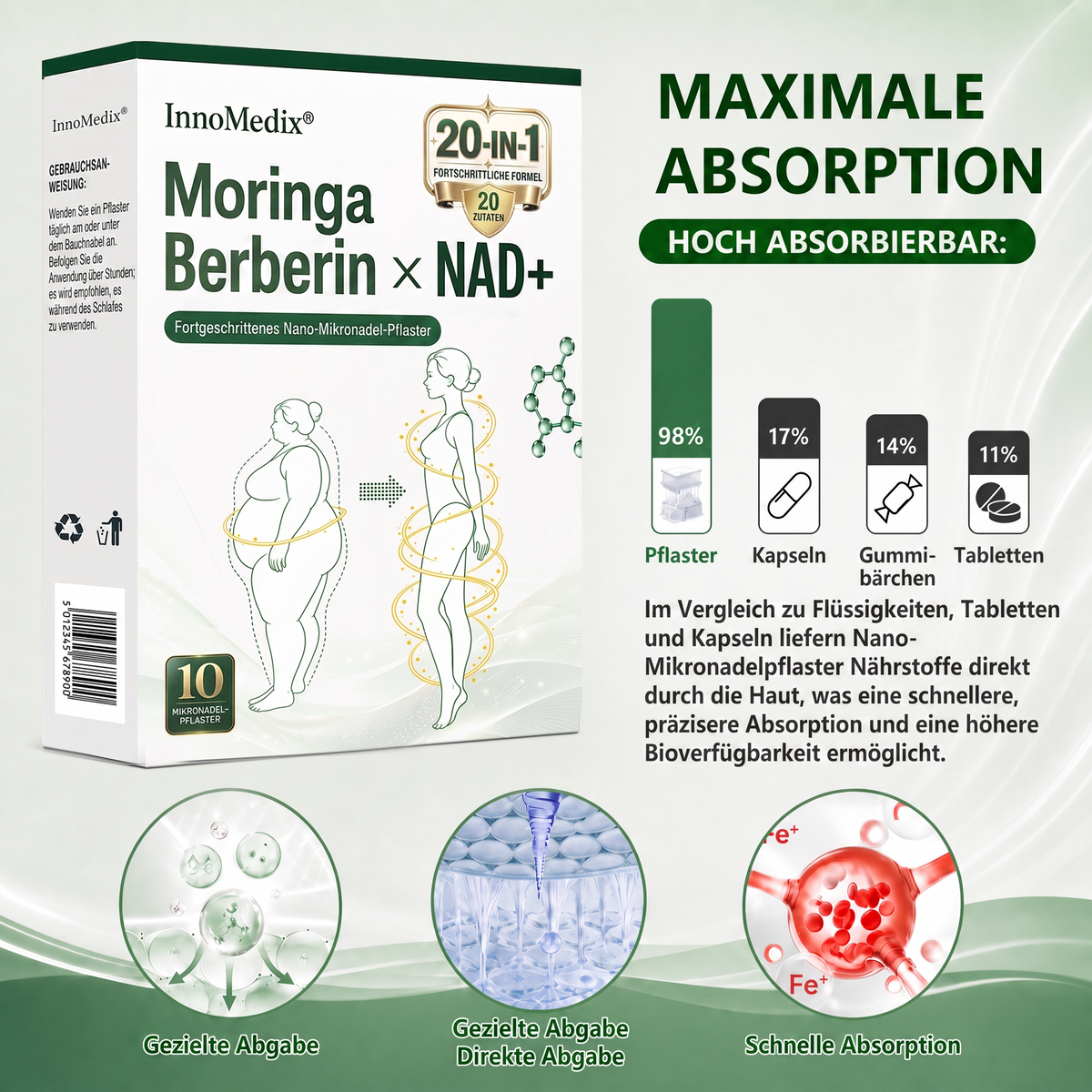 InnoMedix® Moringa Berberin x NAD+ 20-IN-1 Fortgeschrittenes Nano-Mikronadel-Pflaster (Nur einmal täglich anwenden – sichtbare Veränderungen in nur 7 Tagen.)