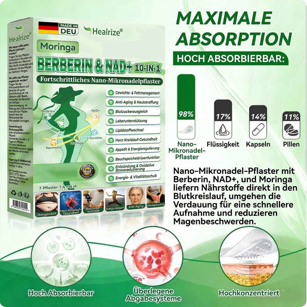 Offizieller Shop | ❤️❤️ Healrize® Moringa Berberinex NAD+ 10-in-1 Nano-Mikronadel-Patch (Nur einmal täglich, sichtbare Veränderungen in 7 Tagen) ✅ Für Übergewicht, lockere Haut, Diabetes, Schlafapnoe, Gelenkprobleme und mehr