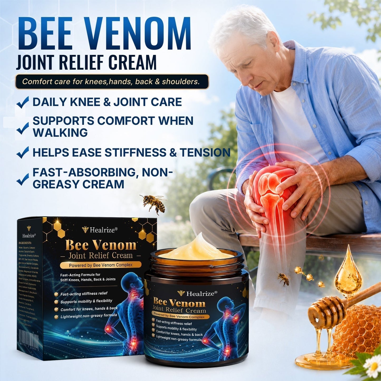 [Nur noch 5 Minuten!] Healrize® Bee Venom Joint Relief Cream 🦵Powerful Bee Venom Cream for Joint & Muscle Pain Relief – Feel Comfort in Minutes